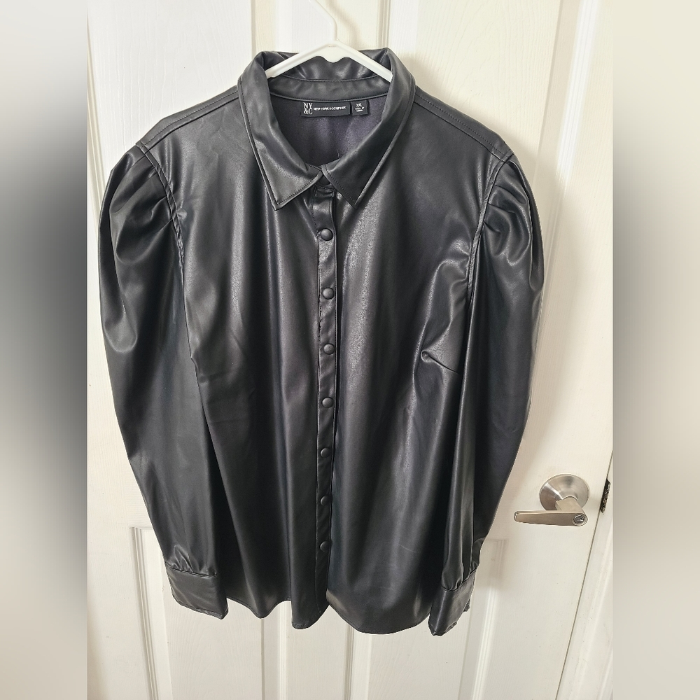 NWOT Faux leather, puff sleeves, button down blouse